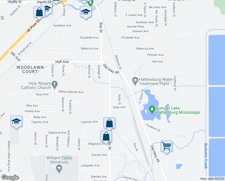 map of restaurants, bars, coffee shops, grocery stores, and more near 822 Edwards St in Hattiesburg