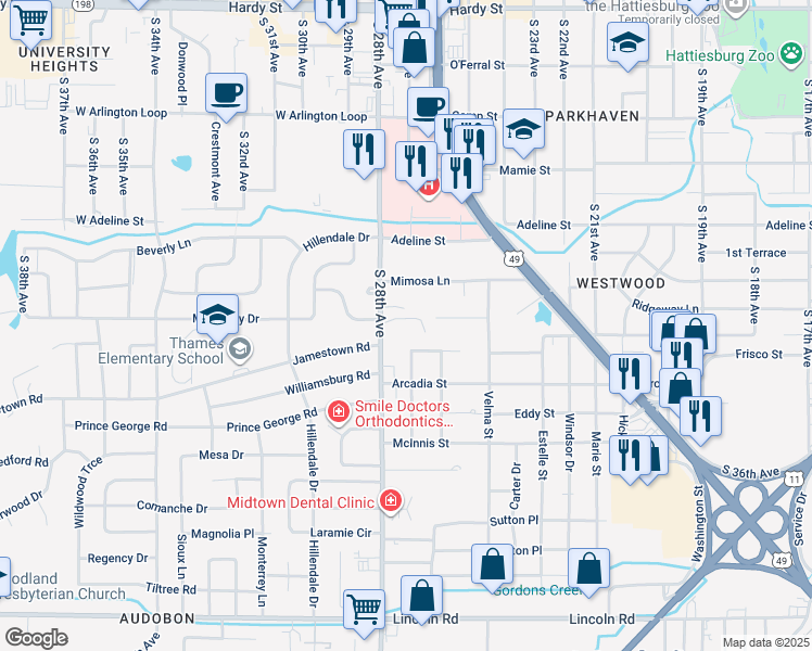 map of restaurants, bars, coffee shops, grocery stores, and more near 110 Greenbriar Place in Hattiesburg