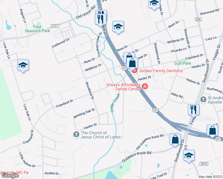 map of restaurants, bars, coffee shops, grocery stores, and more near 106/108 Raintree Court in Lufkin