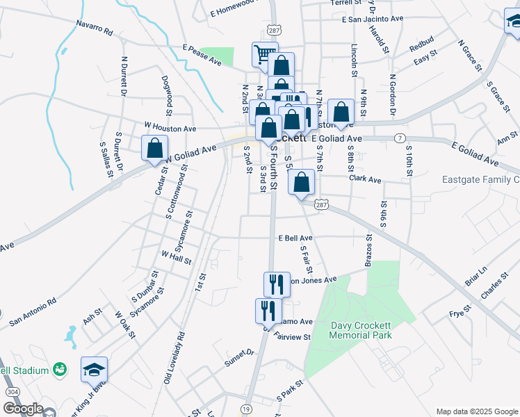 map of restaurants, bars, coffee shops, grocery stores, and more near 407 South 4th Street in Crockett