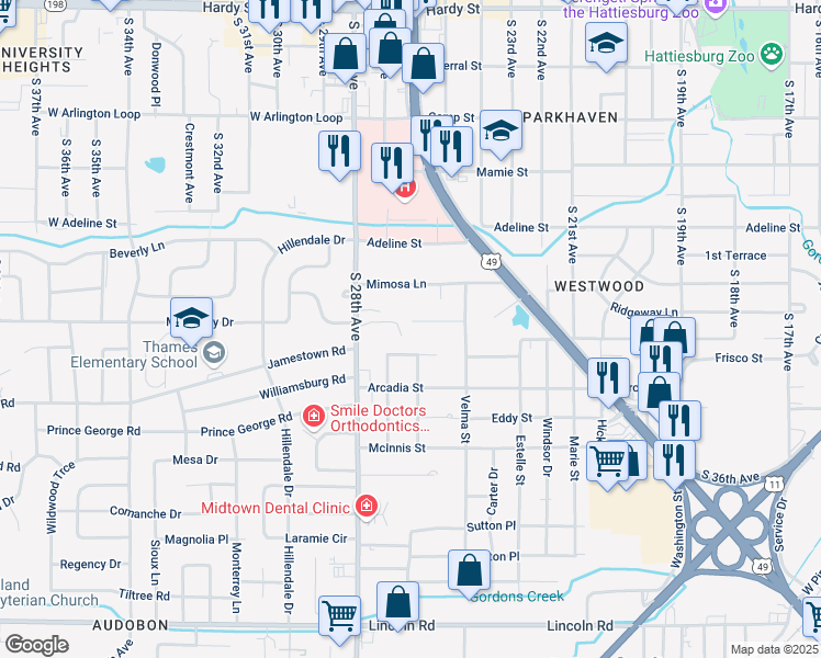 map of restaurants, bars, coffee shops, grocery stores, and more near 110 Greenbriar Place in Hattiesburg