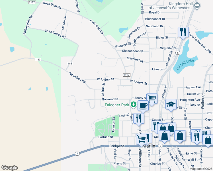 map of restaurants, bars, coffee shops, grocery stores, and more near 734 Chilton Street in Marlin