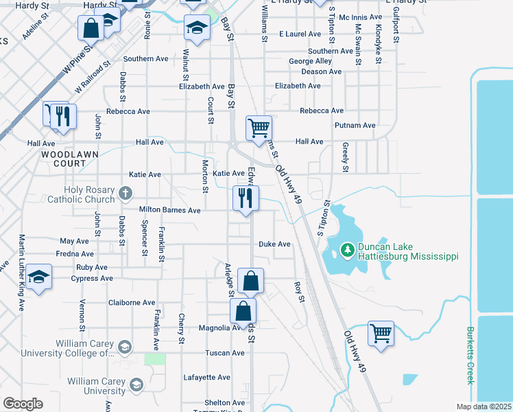map of restaurants, bars, coffee shops, grocery stores, and more near 822 Edwards Street in Hattiesburg
