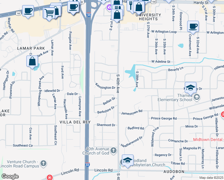 map of restaurants, bars, coffee shops, grocery stores, and more near 104 Kensington Dr in Hattiesburg