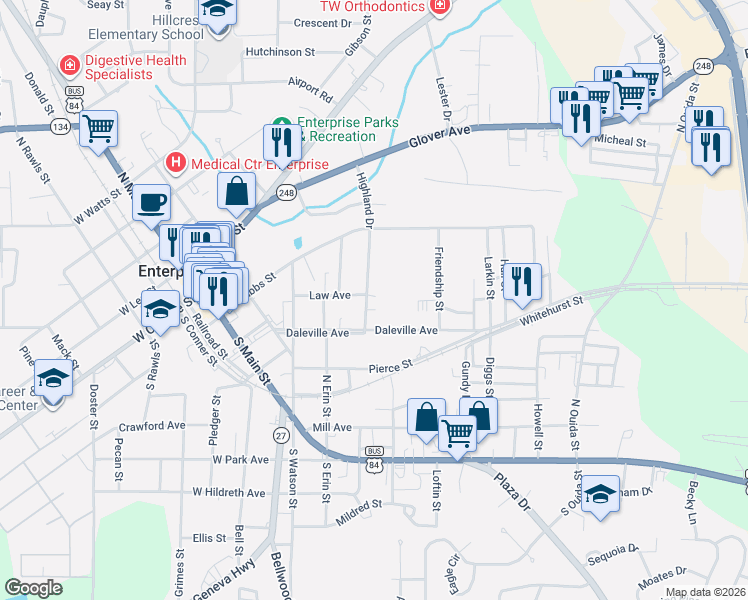 map of restaurants, bars, coffee shops, grocery stores, and more near 104 Highland Drive in Enterprise