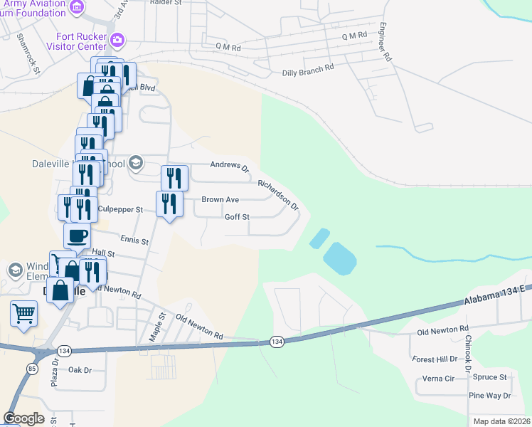 map of restaurants, bars, coffee shops, grocery stores, and more near 26 Goff Street in Daleville