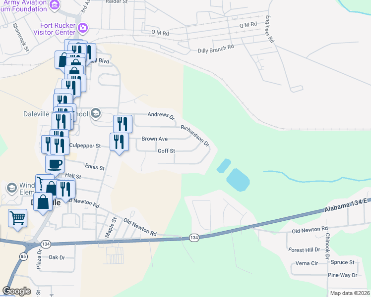 map of restaurants, bars, coffee shops, grocery stores, and more near 26 Goff Street in Daleville