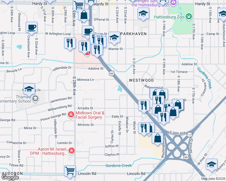 map of restaurants, bars, coffee shops, grocery stores, and more near 2 Village Lane in Hattiesburg