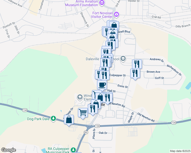 map of restaurants, bars, coffee shops, grocery stores, and more near 68 Hughes Street in Daleville