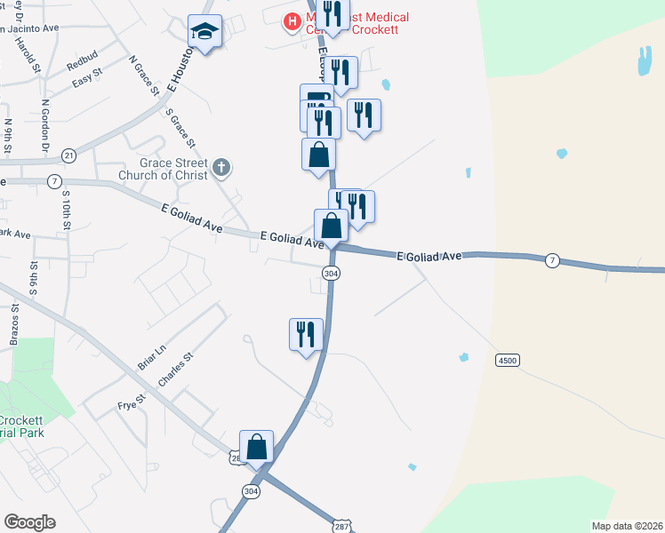 map of restaurants, bars, coffee shops, grocery stores, and more near 2001 East Goliad Avenue in Crockett