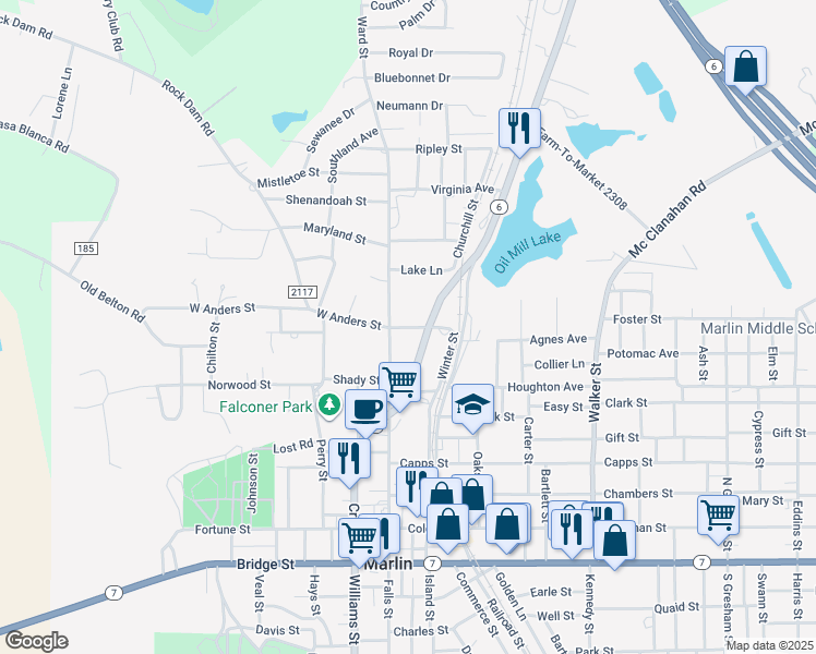 map of restaurants, bars, coffee shops, grocery stores, and more near 729 North State Highway 6 in Marlin