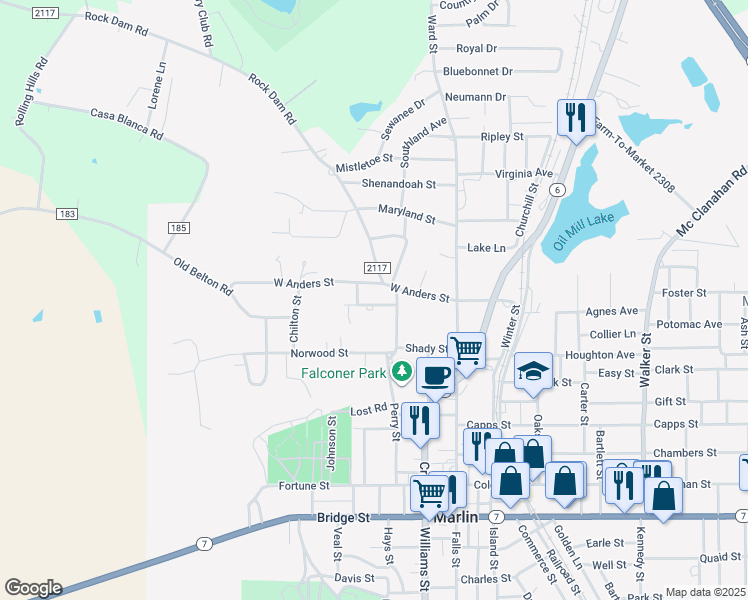 map of restaurants, bars, coffee shops, grocery stores, and more near 313 Park Lane in Marlin