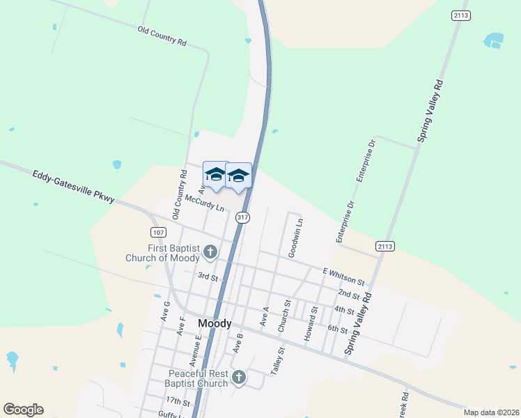 map of restaurants, bars, coffee shops, grocery stores, and more near Farm to Market Road 317 in Moody