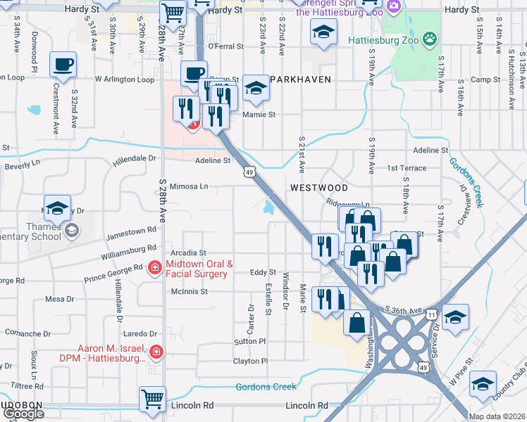 map of restaurants, bars, coffee shops, grocery stores, and more near 2 Village Lane in Hattiesburg