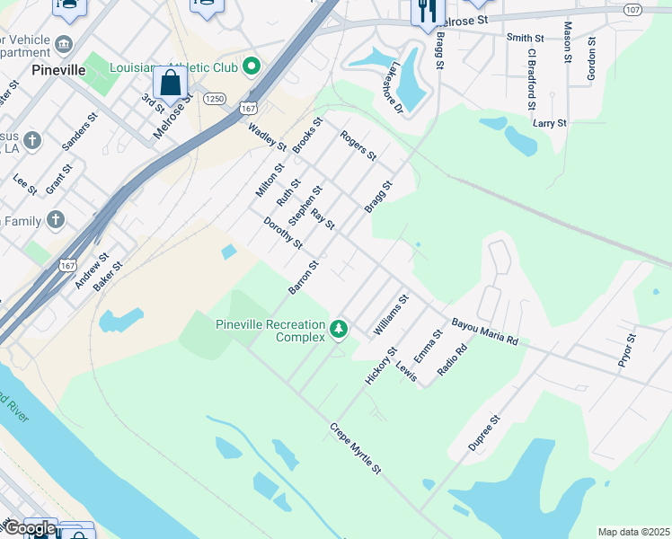 map of restaurants, bars, coffee shops, grocery stores, and more near 305 Brittney Lane in Pineville
