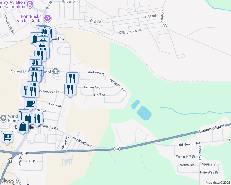 map of restaurants, bars, coffee shops, grocery stores, and more near 28 Goff Street in Daleville