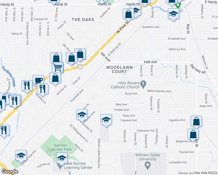 map of restaurants, bars, coffee shops, grocery stores, and more near 93 Rosa Avenue in Hattiesburg