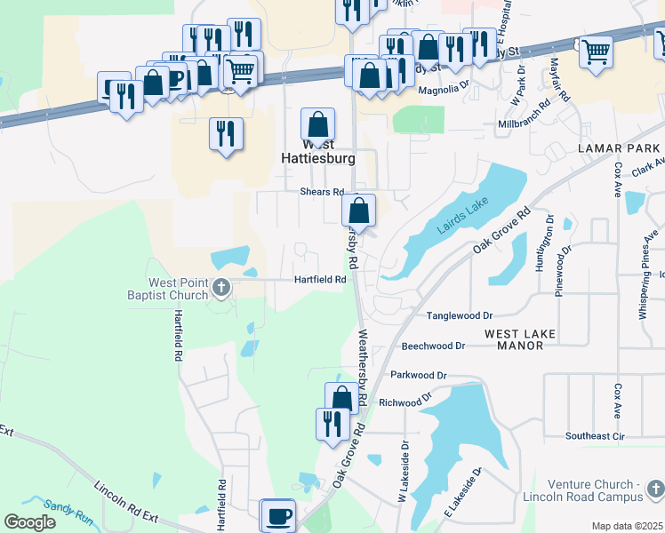 map of restaurants, bars, coffee shops, grocery stores, and more near 16 Hartfield Road in Hattiesburg
