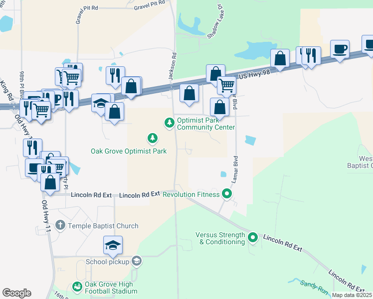 map of restaurants, bars, coffee shops, grocery stores, and more near Sandy Run Road in Hattiesburg