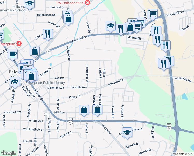 map of restaurants, bars, coffee shops, grocery stores, and more near 601 Carver Street in Enterprise