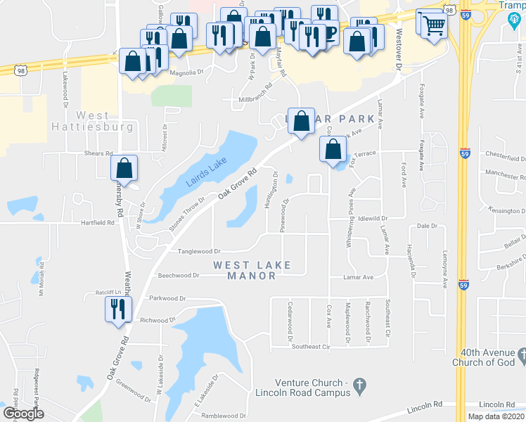 map of restaurants, bars, coffee shops, grocery stores, and more near 129 Huntington Drive in Hattiesburg