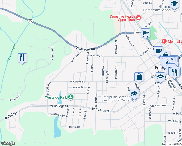 map of restaurants, bars, coffee shops, grocery stores, and more near 106 Nann Street in Enterprise