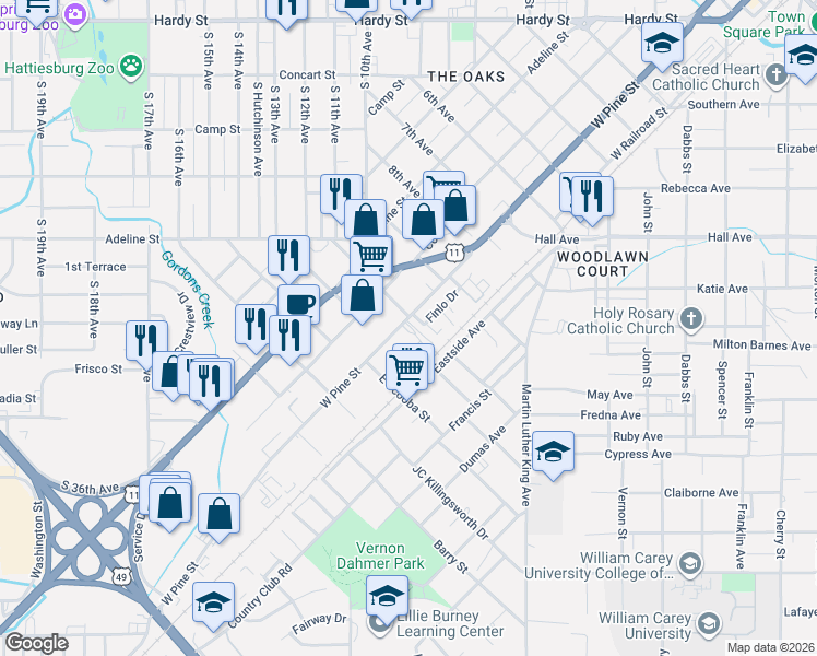 map of restaurants, bars, coffee shops, grocery stores, and more near 1304 West Pine Street in Hattiesburg