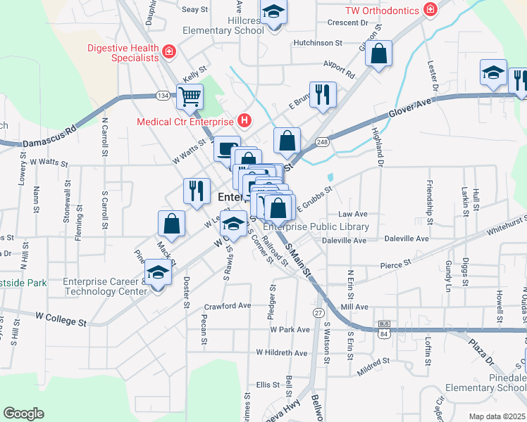 map of restaurants, bars, coffee shops, grocery stores, and more near N Main St & E College St in Enterprise