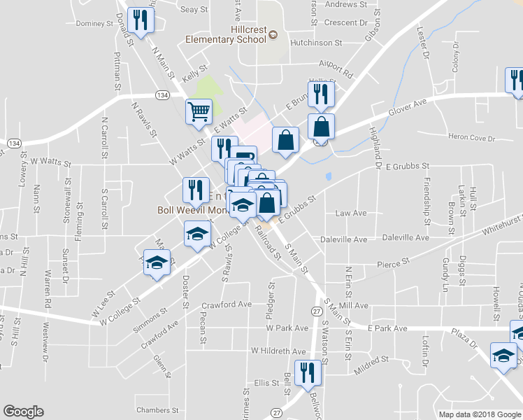 map of restaurants, bars, coffee shops, grocery stores, and more near N Main St & E College St in Enterprise