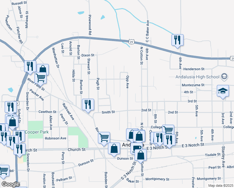 map of restaurants, bars, coffee shops, grocery stores, and more near 400 Mock Street in Andalusia