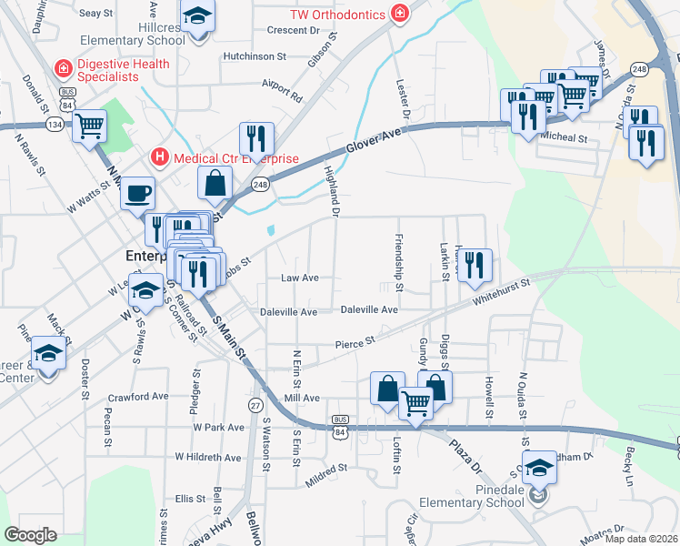 map of restaurants, bars, coffee shops, grocery stores, and more near 104 Highland Drive in Enterprise