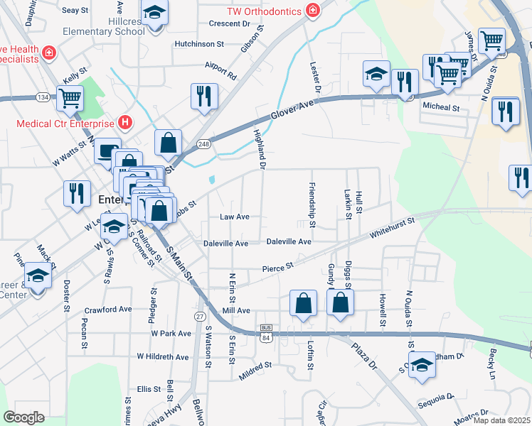 map of restaurants, bars, coffee shops, grocery stores, and more near 200 Highland Drive in Enterprise