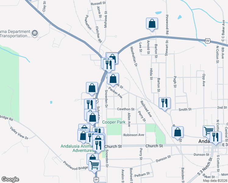 map of restaurants, bars, coffee shops, grocery stores, and more near 108 Packer Avenue in Andalusia