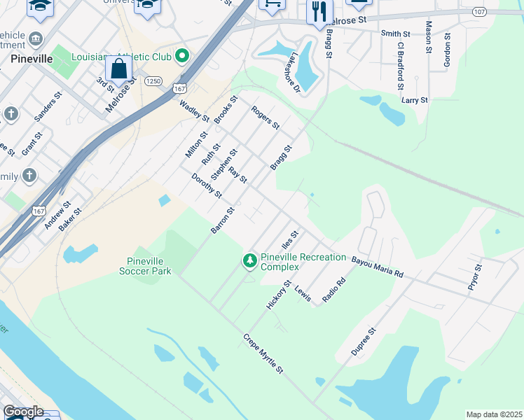 map of restaurants, bars, coffee shops, grocery stores, and more near 102 Wayne St in Pineville