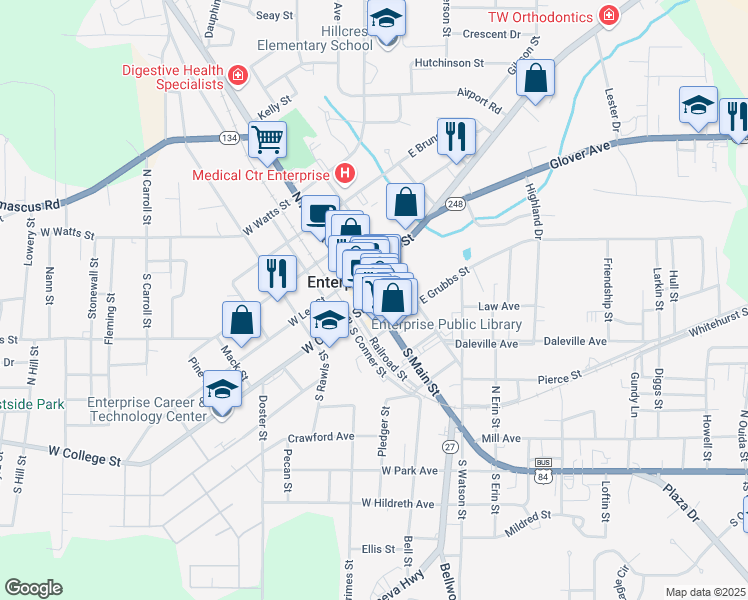 map of restaurants, bars, coffee shops, grocery stores, and more near 303 College Street in Enterprise