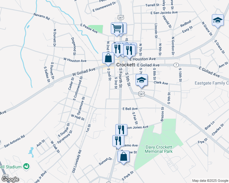 map of restaurants, bars, coffee shops, grocery stores, and more near 407 South 4th Street in Crockett