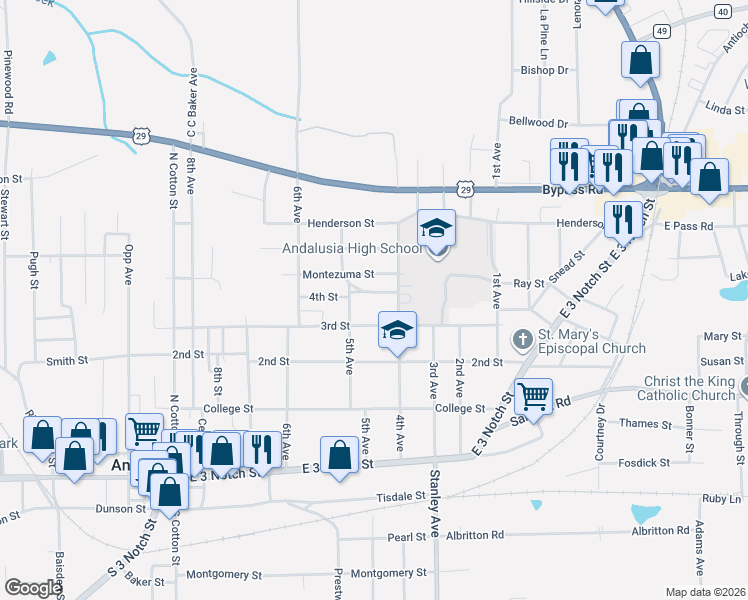 map of restaurants, bars, coffee shops, grocery stores, and more near 501-515 3rd St in Andalusia