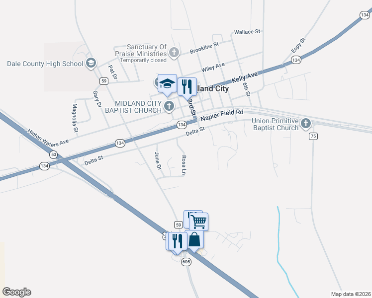 map of restaurants, bars, coffee shops, grocery stores, and more near 166 Rosa Lane in Midland City