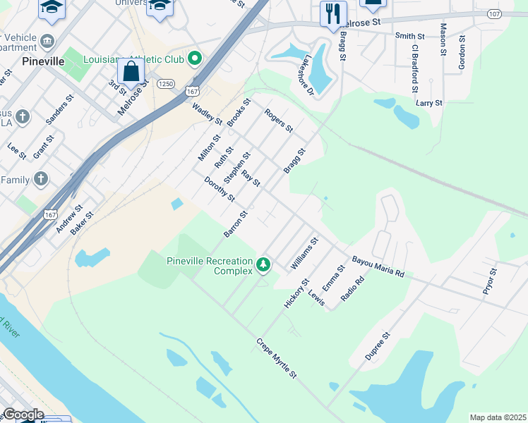 map of restaurants, bars, coffee shops, grocery stores, and more near 305-307 Brittney Ln in Pineville