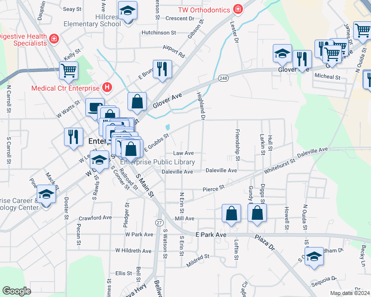 map of restaurants, bars, coffee shops, grocery stores, and more near 103 Rosewood Drive in Enterprise