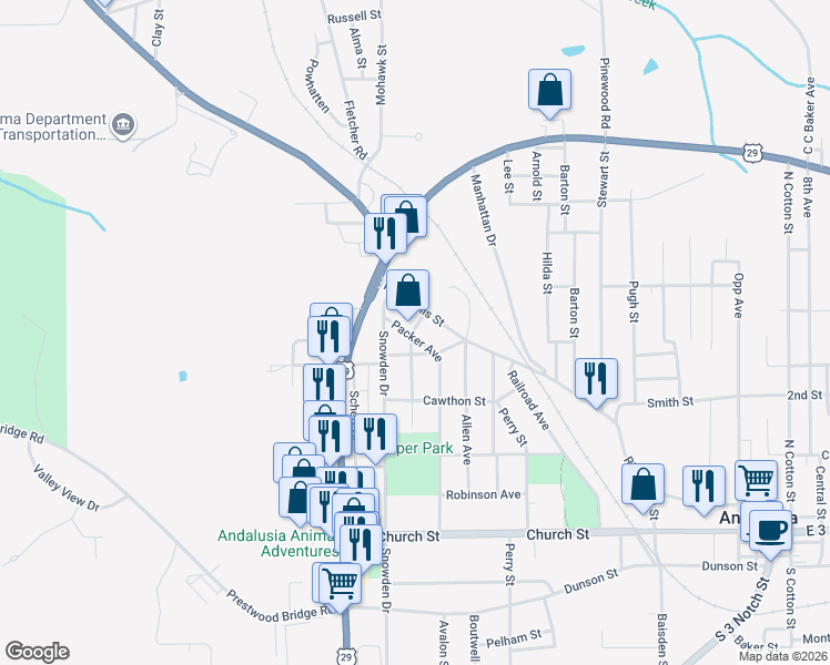 map of restaurants, bars, coffee shops, grocery stores, and more near 108-112 Packer Avenue in Andalusia