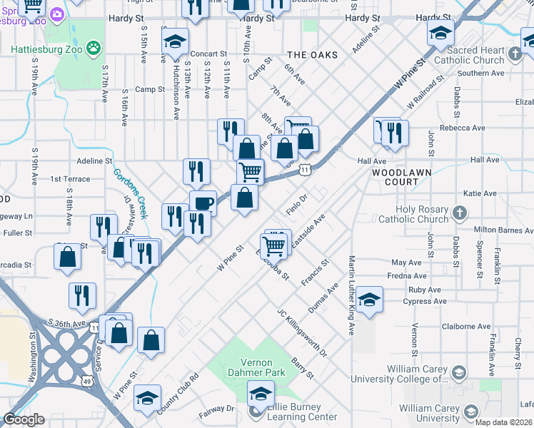 map of restaurants, bars, coffee shops, grocery stores, and more near 1304 West Pine Street in Hattiesburg
