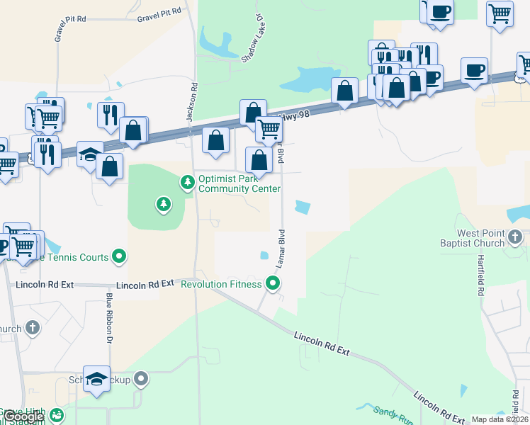map of restaurants, bars, coffee shops, grocery stores, and more near 57 Willow Lake Lane in Hattiesburg