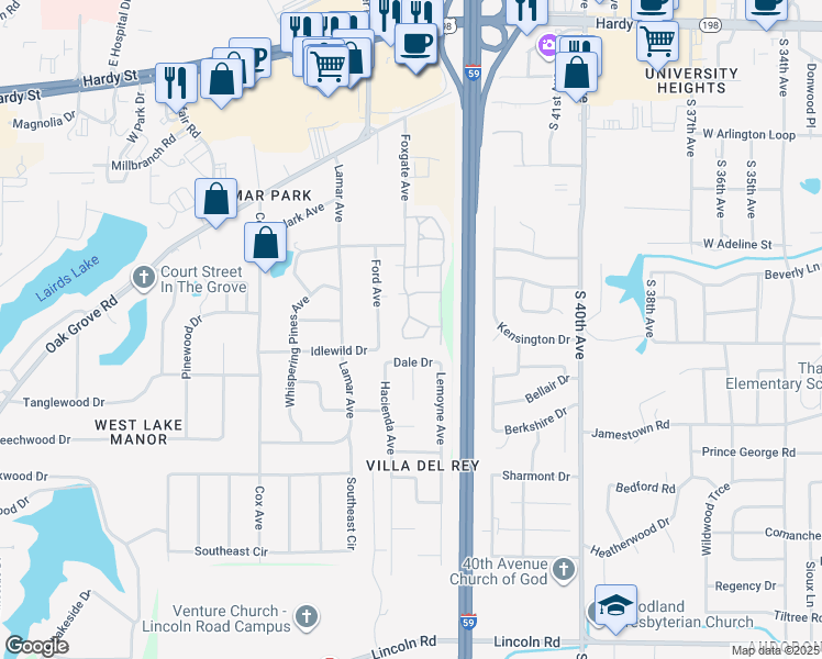 map of restaurants, bars, coffee shops, grocery stores, and more near 110 Dale Dr in Hattiesburg