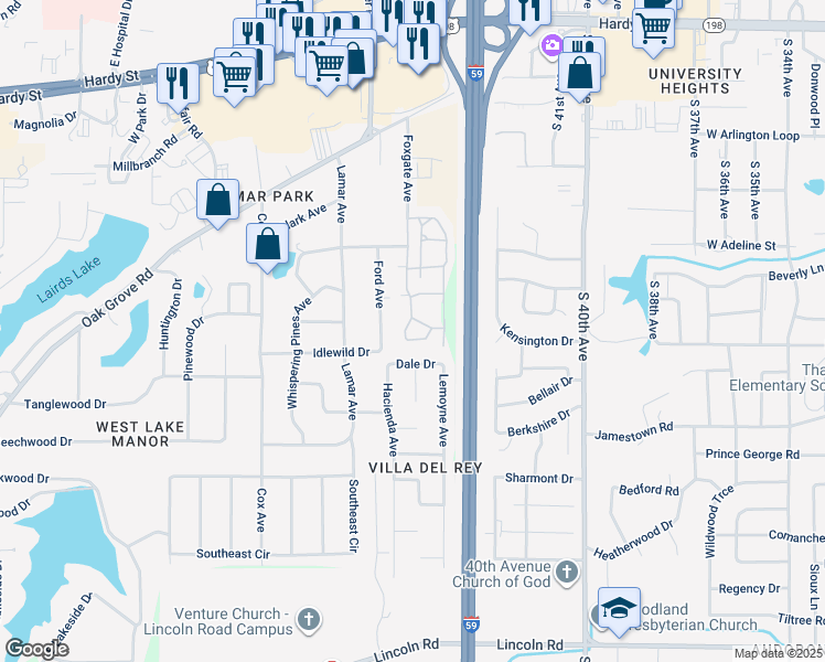 map of restaurants, bars, coffee shops, grocery stores, and more near 200 Foxgate Avenue in Hattiesburg