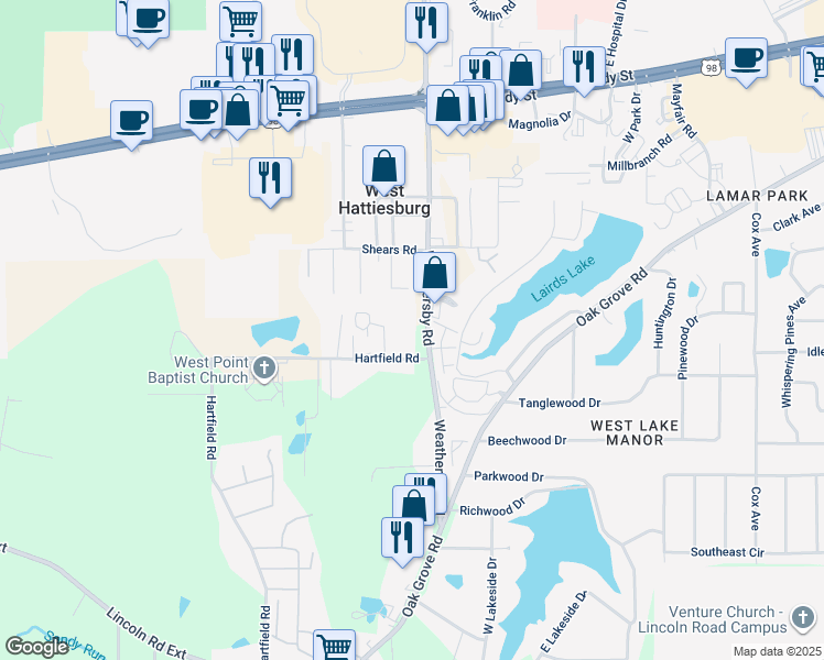 map of restaurants, bars, coffee shops, grocery stores, and more near 239 Hartfield Road in Hattiesburg