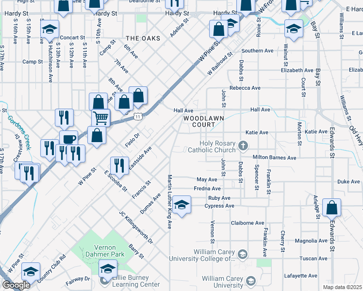 map of restaurants, bars, coffee shops, grocery stores, and more near 212 Martin Luther King Avenue in Hattiesburg
