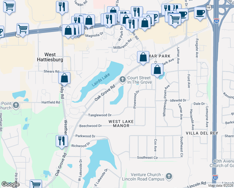 map of restaurants, bars, coffee shops, grocery stores, and more near 2210 Oak Grove Road in Hattiesburg