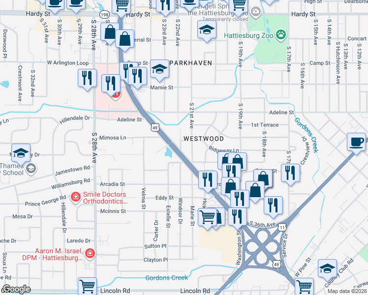map of restaurants, bars, coffee shops, grocery stores, and more near 612 South 22nd Avenue in Hattiesburg