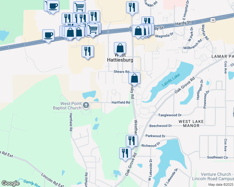 map of restaurants, bars, coffee shops, grocery stores, and more near 117 East Lakewood Drive in Hattiesburg